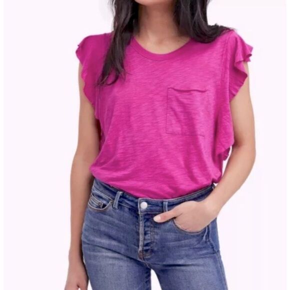 We The Free Pink So Easy Ruffle Sleeve Tee Small Free People Fuchsia NWT - Picture 1 of 11